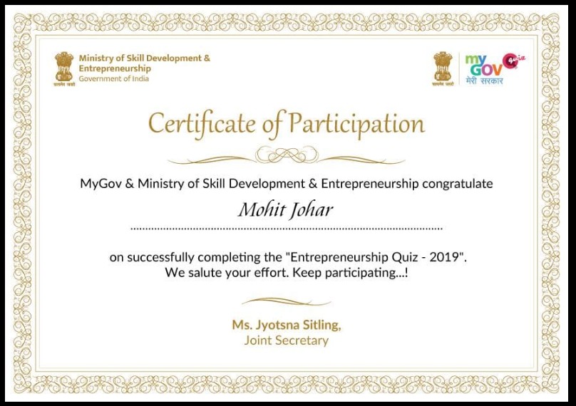 Entrepreneurship Quiz 2019 Certificate